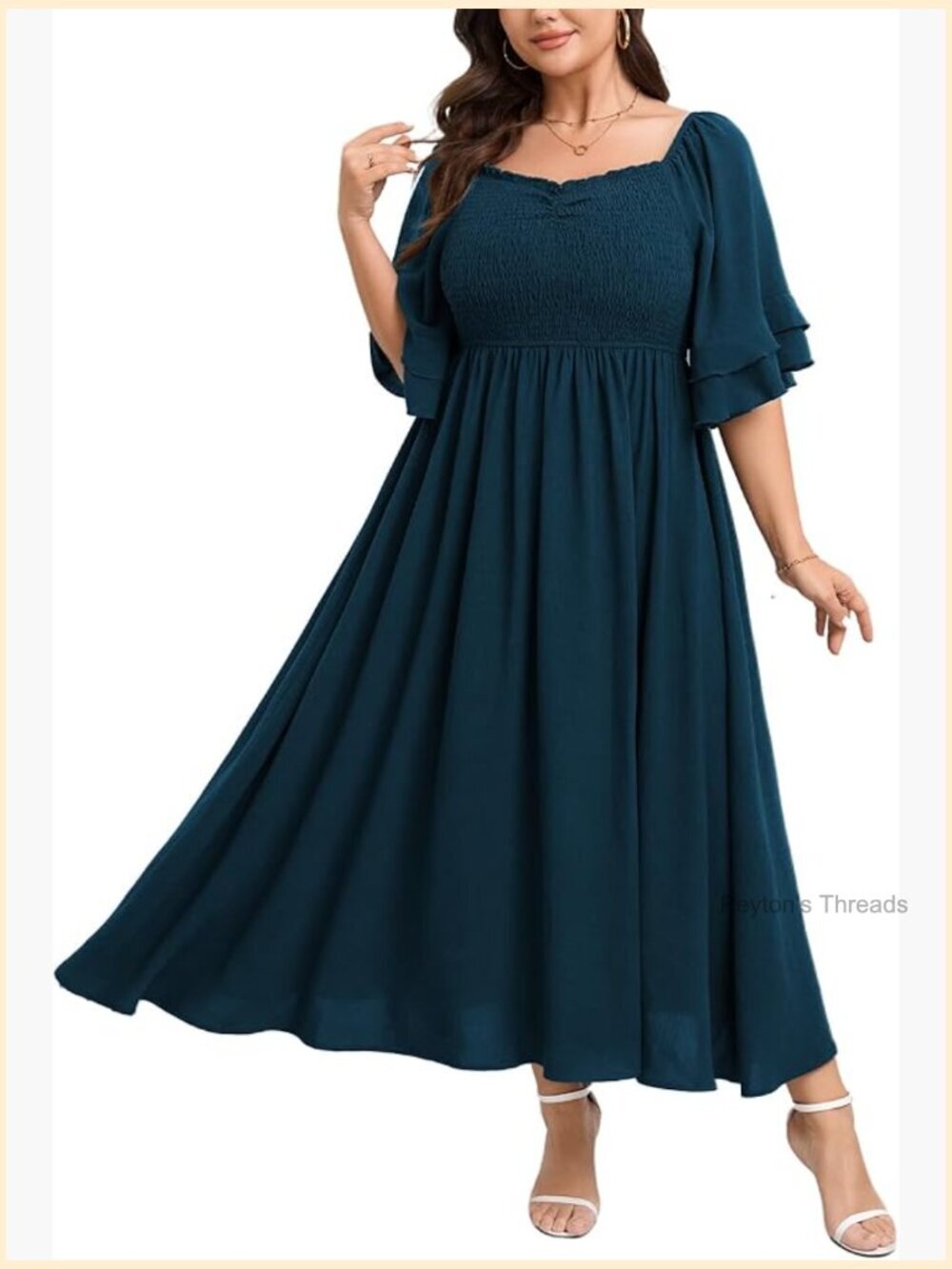 Plus Size Smocked Square Neck Maxi Dress Short Sleeve Flowy A-Line